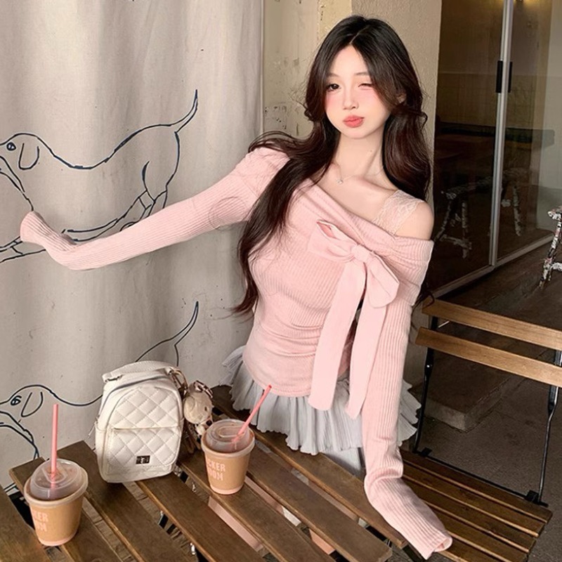 Official Tumus cashmere one-shoulder pure and beautiful bow-off-shoulder sweet girl top T-shirt