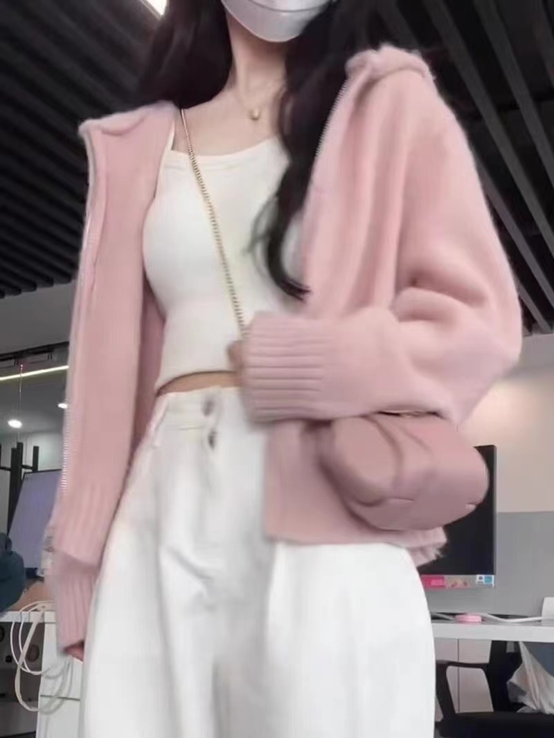韓系連帽雙拉鏈針織打底衫女士短款春季新款收腰休閒毛衣開衫外套