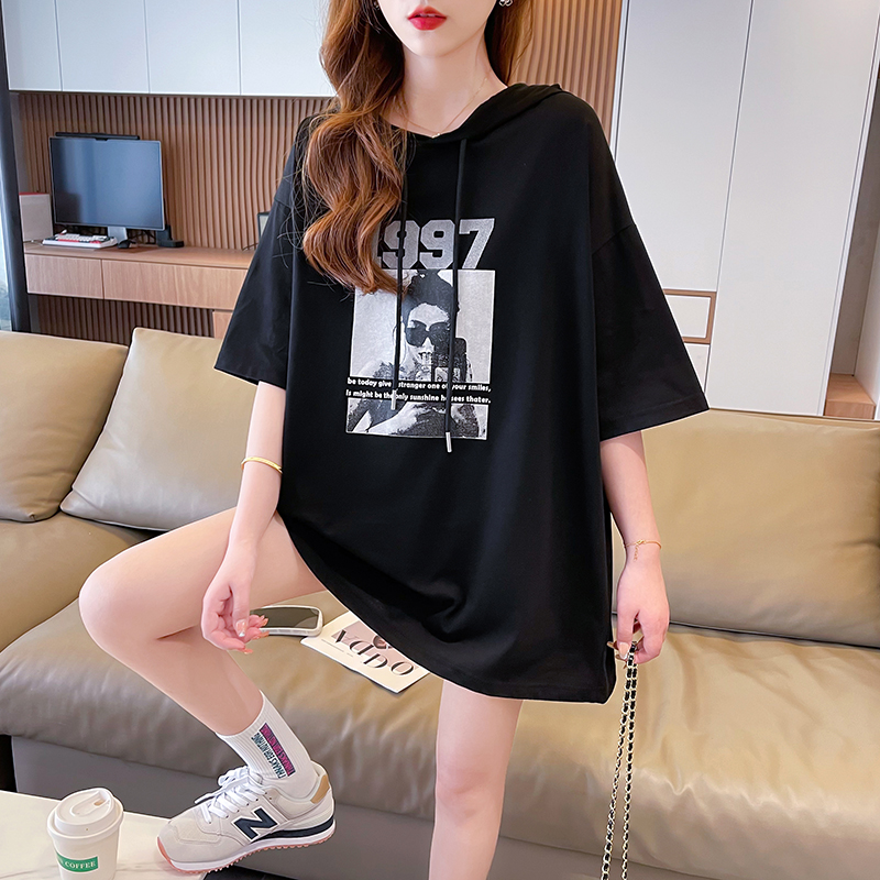 實拍2025夏季100%純棉 韓版中長款連帽印花短袖T恤女