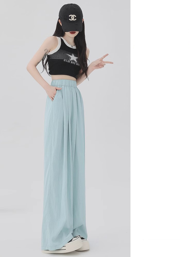Original 3D waist blue ice silk Yamamoto pants for women in summer 2025 new casual walking wide-leg pants