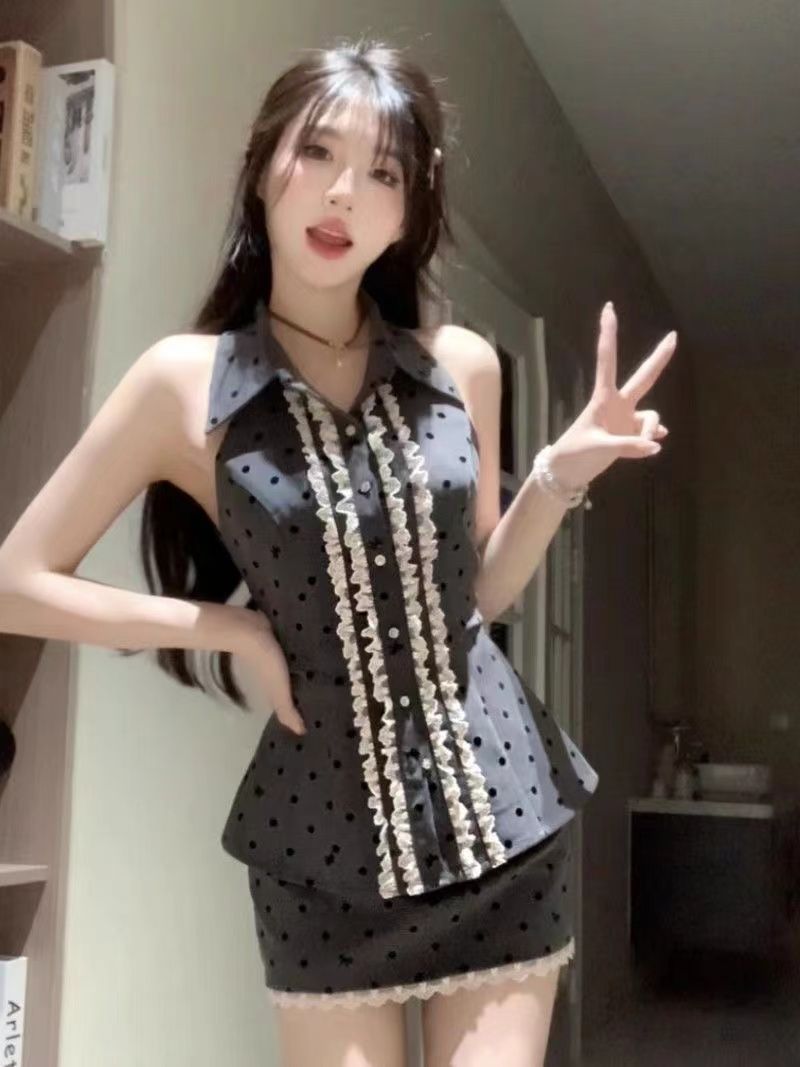 Polka dot temperament sleeveless daughter summer sweet suit slim two-piece short skirt design slim body skirt suit
