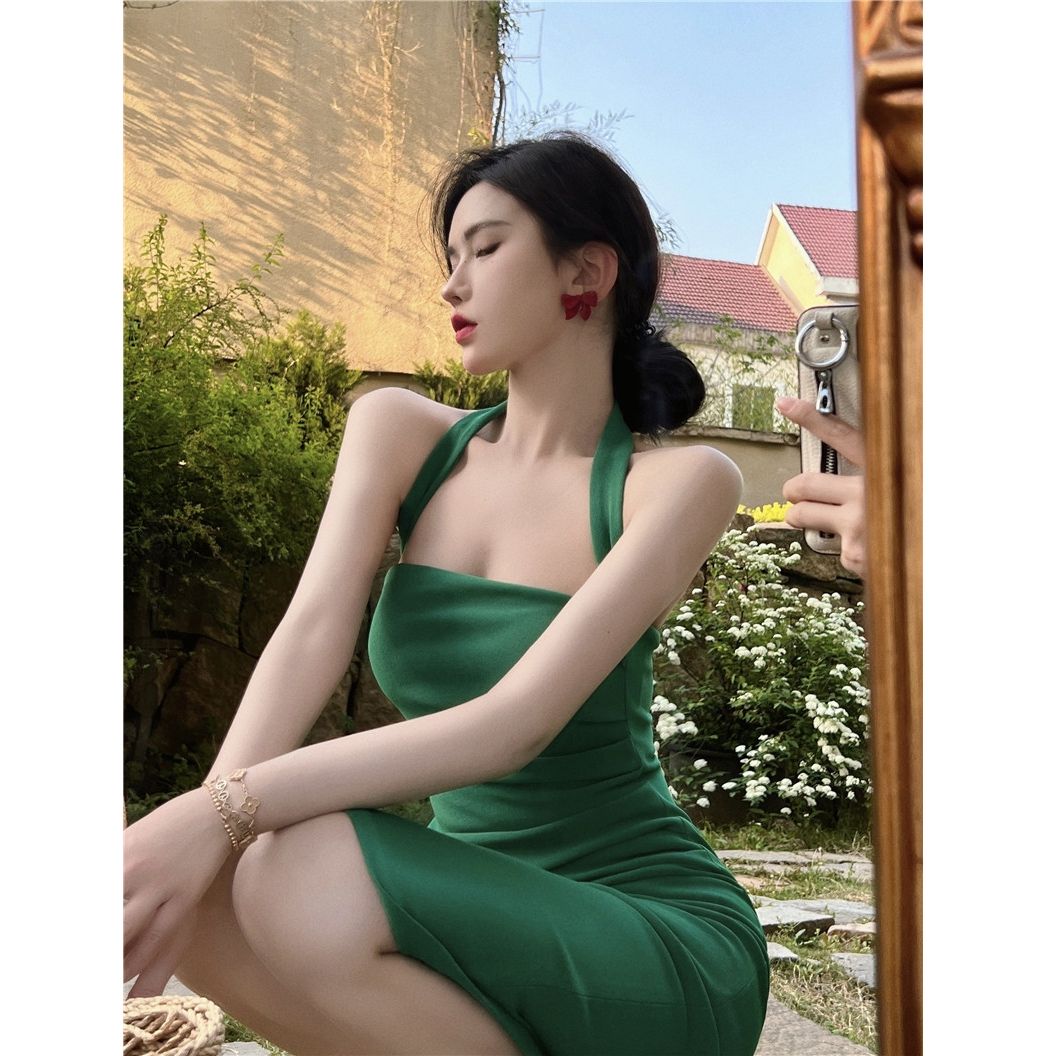 螺紋面料  掛脖連衣裙女夏季新款修身顯瘦高級感吊帶包臀裙子