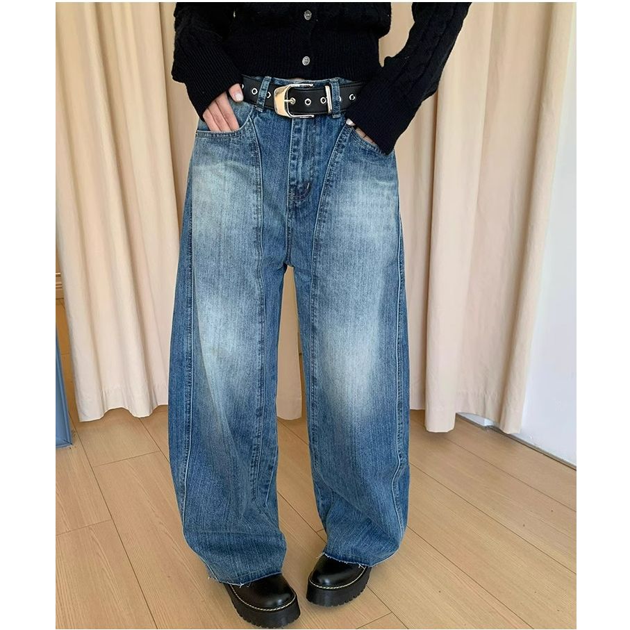 Shining Super Flash Deconstruction Retro Washed Scimitar Jeans Women's New Loose Straight Banana High Waist Wide Legs