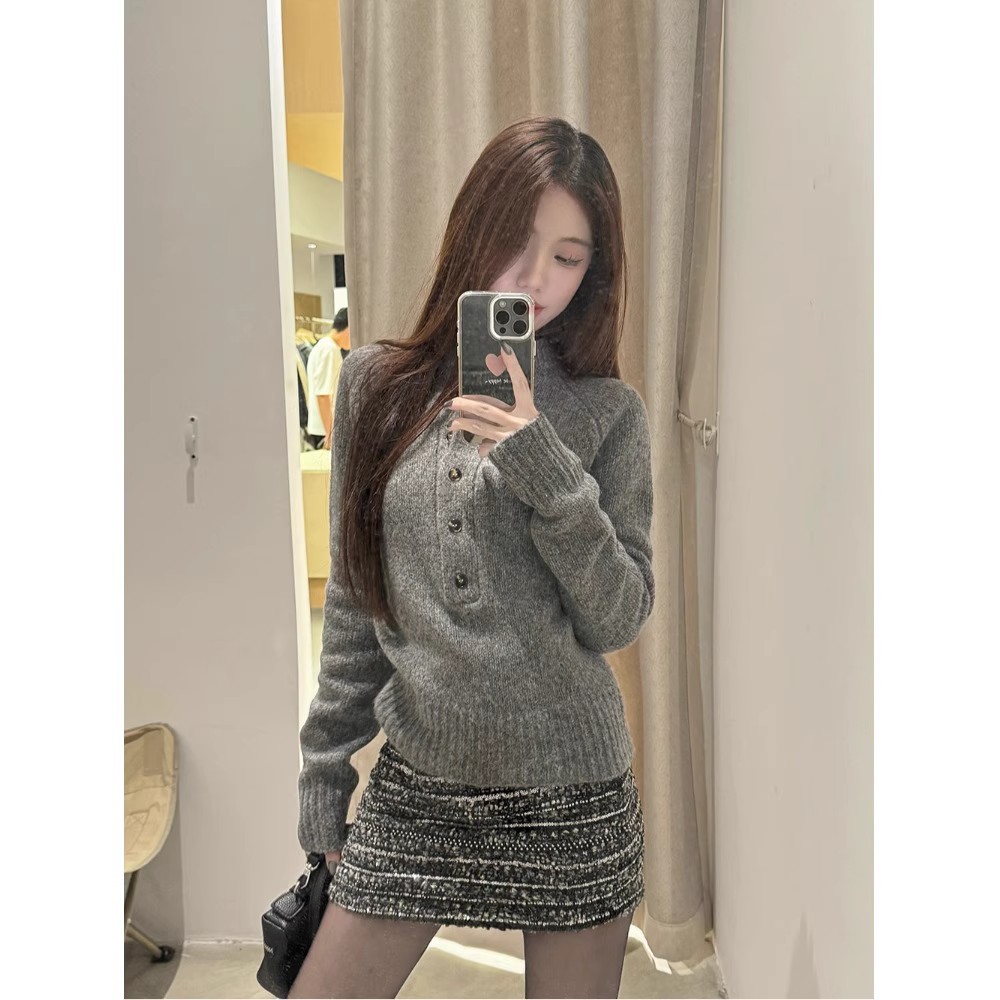 時尚氣質女裝灰色半開領毛衣針織上衣女秋冬復古灰色長袖修身毛衣