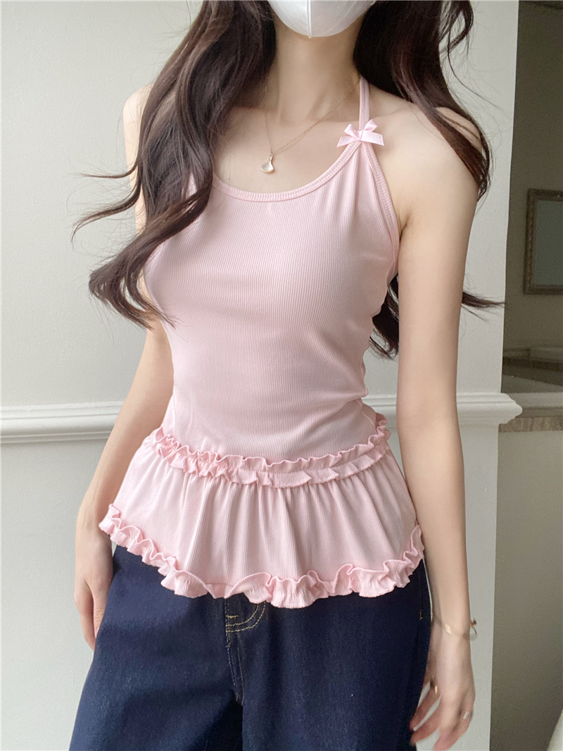 Real shot of summer design, short top with lace bow knitted halter neck vest suspender for women