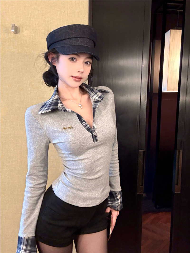 實拍~polo領長袖針織上衣2025早春新款顯瘦百搭撞色格子T恤女