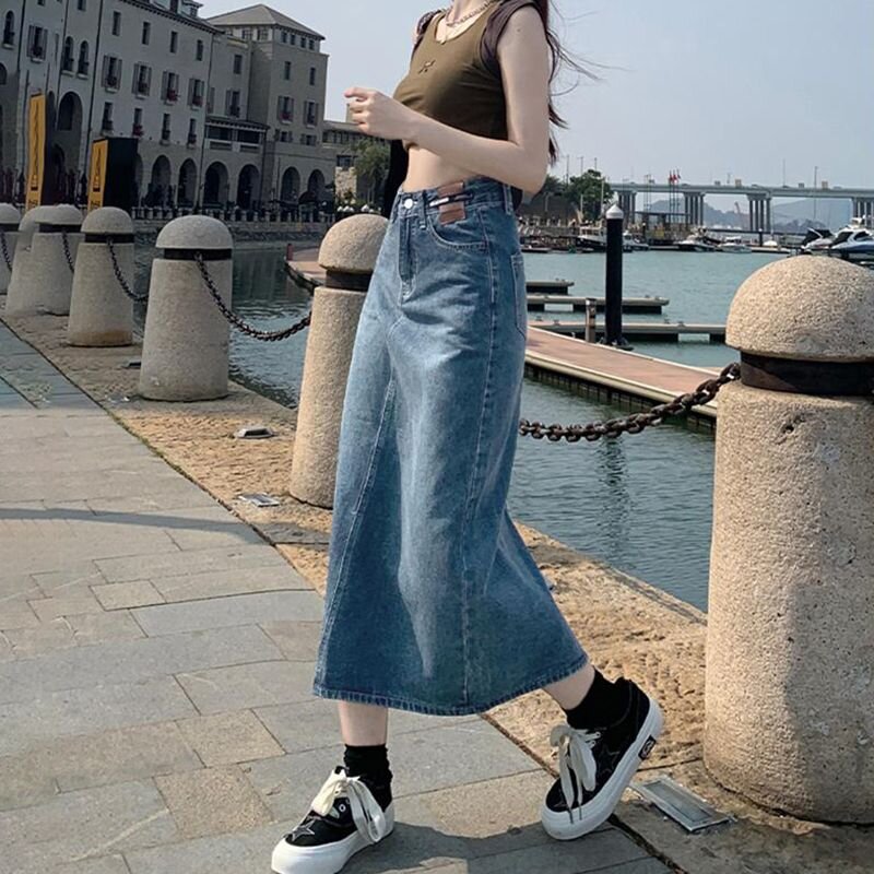 Vintage Cowboy Half-Body Skirt for Women - Spring and Summer New Style Fashion Design Mid-Length Back Slit A-Line Denim Skirt