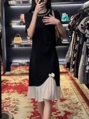 設計感網紗拼接連衣裙女2025夏季新款顯瘦遮肚氣質釘珠圓領小黑裙