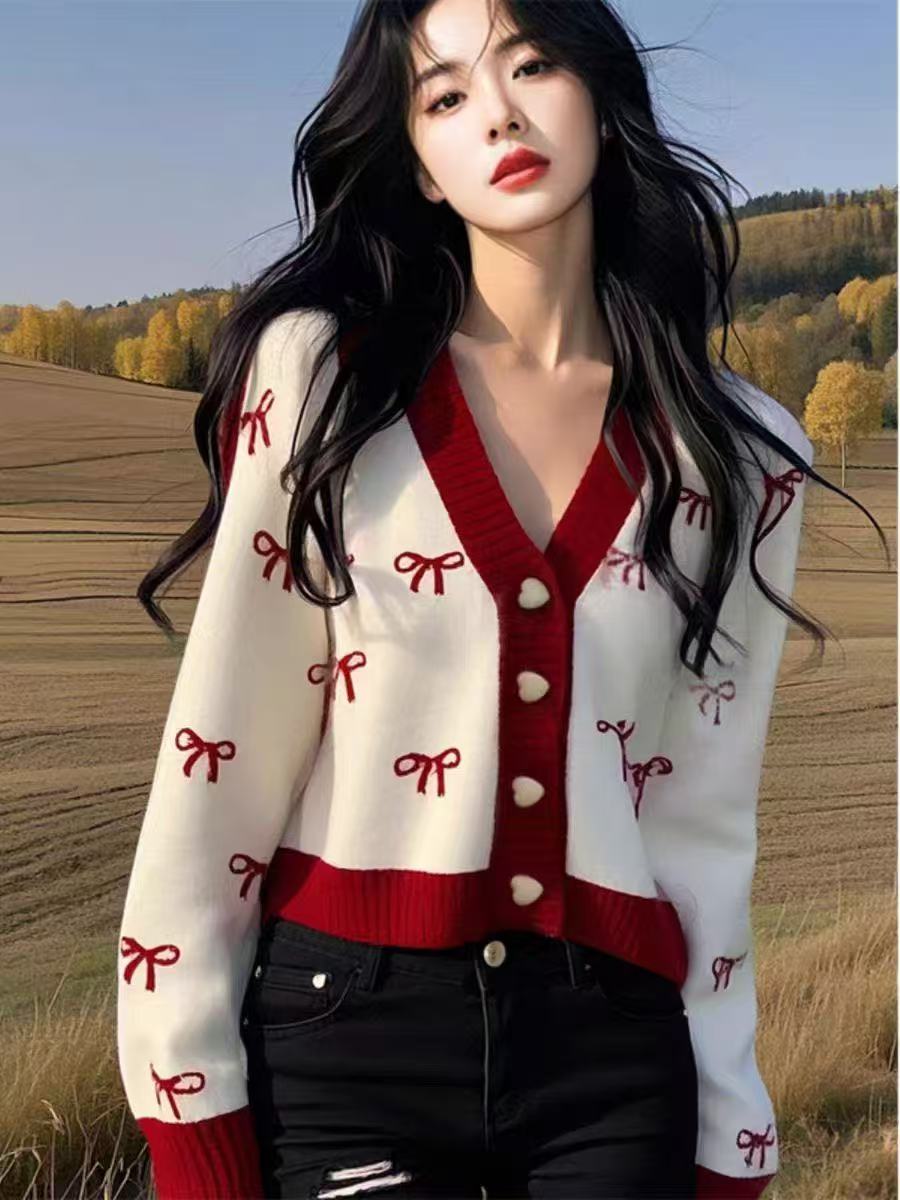 甜美撞色V領針織衫女2025春季新款法式溫柔氣質毛衣減齡時尚上衣