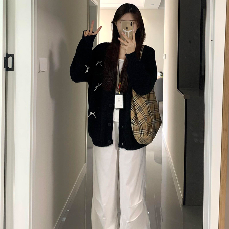 韓系黑色V領蝴蝶結毛衣開衫女春季寬鬆慵懶風設計感針織外套上衣