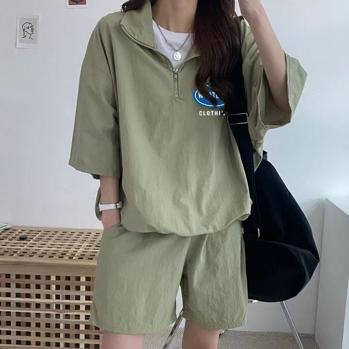 休閒運動服套裝女夏季2025新款短袖短褲校園風可愛少女跑步兩件