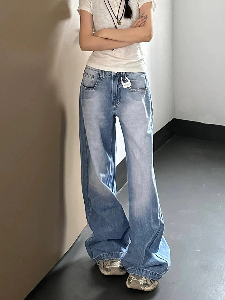 美式淺藍色闊腿牛仔褲女2025春秋新款復古水洗寬鬆顯瘦直筒拖地褲
