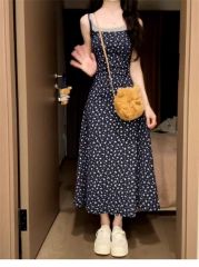 假兩件撞色碎花吊帶裙女夏季設計感修身A字裙大擺連衣裙