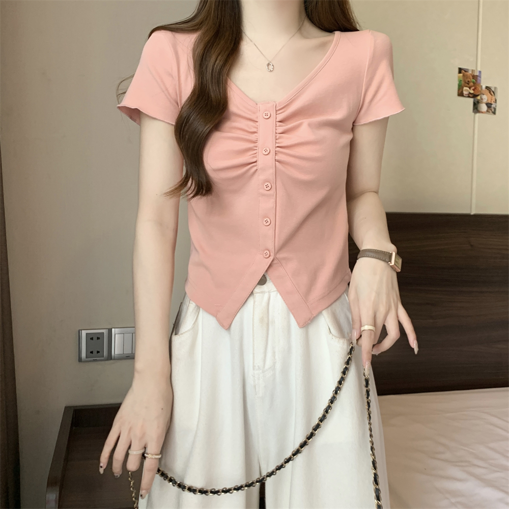 Real shot 40 pure cotton 210g 92 cotton/8 spandex V-neck short-sleeved T-shirt women's design