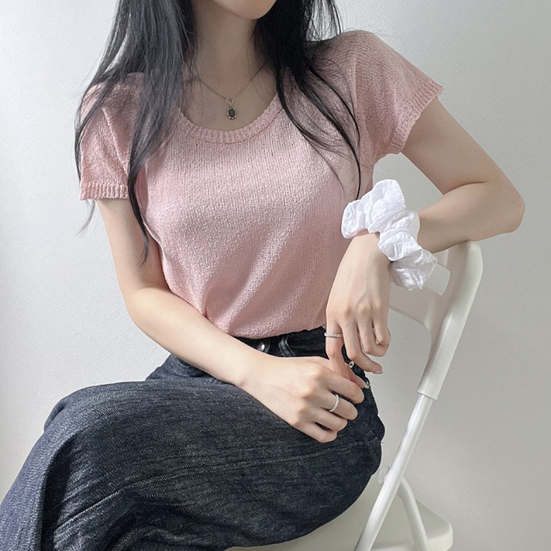 韓版ins夏季簡約小個子純色短袖冰絲針織衫圓領套頭薄款毛衣