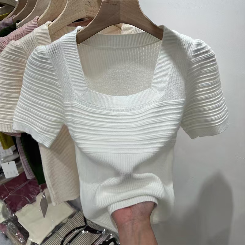 Square collar puff short-sleeved sweater for women's summer new slim and versatile base shirt collarbone pure slutty top trendy