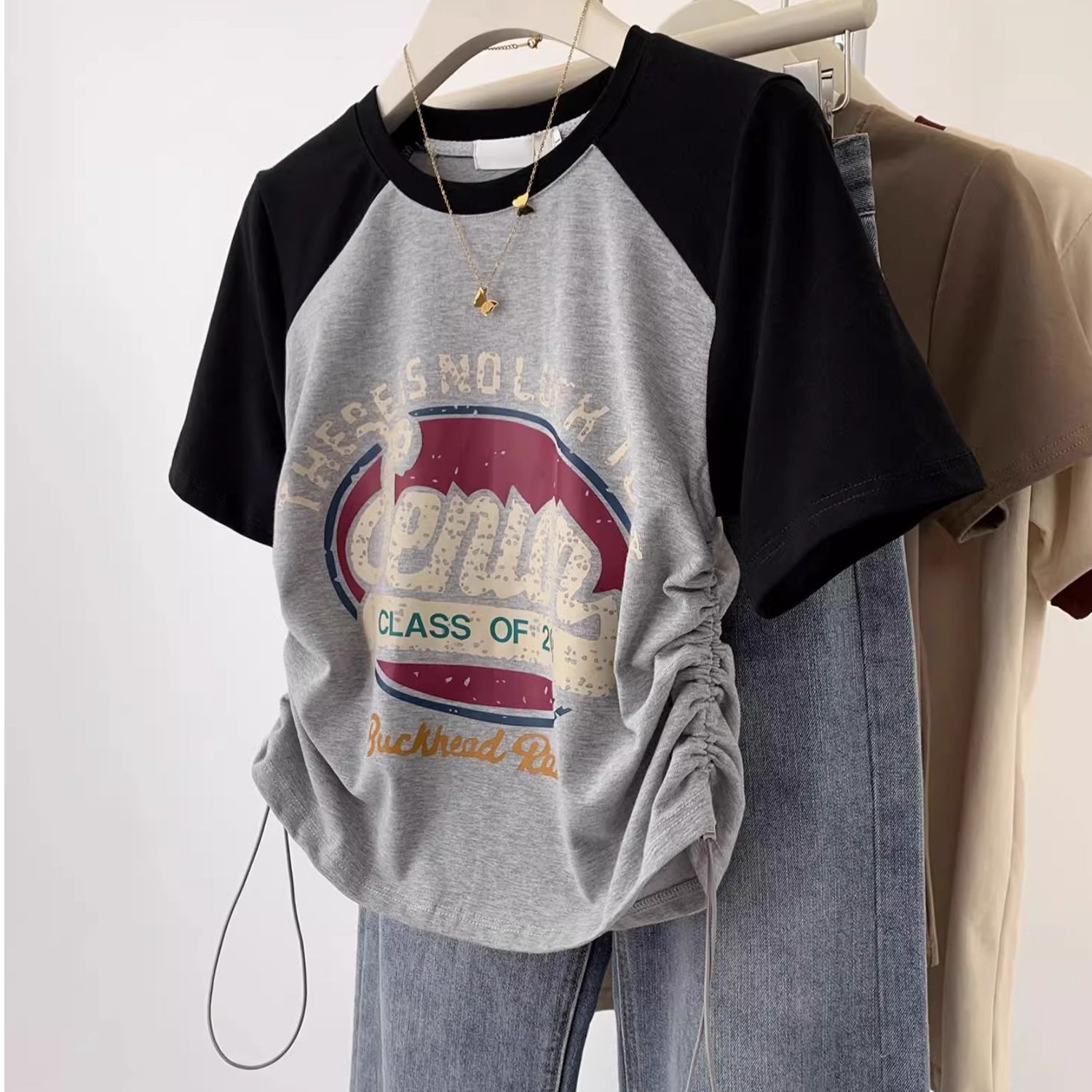 Short drawstring rattle sleeves front shoulder short sleeve T-shirt for women in summer 2025 new design American T-shirt