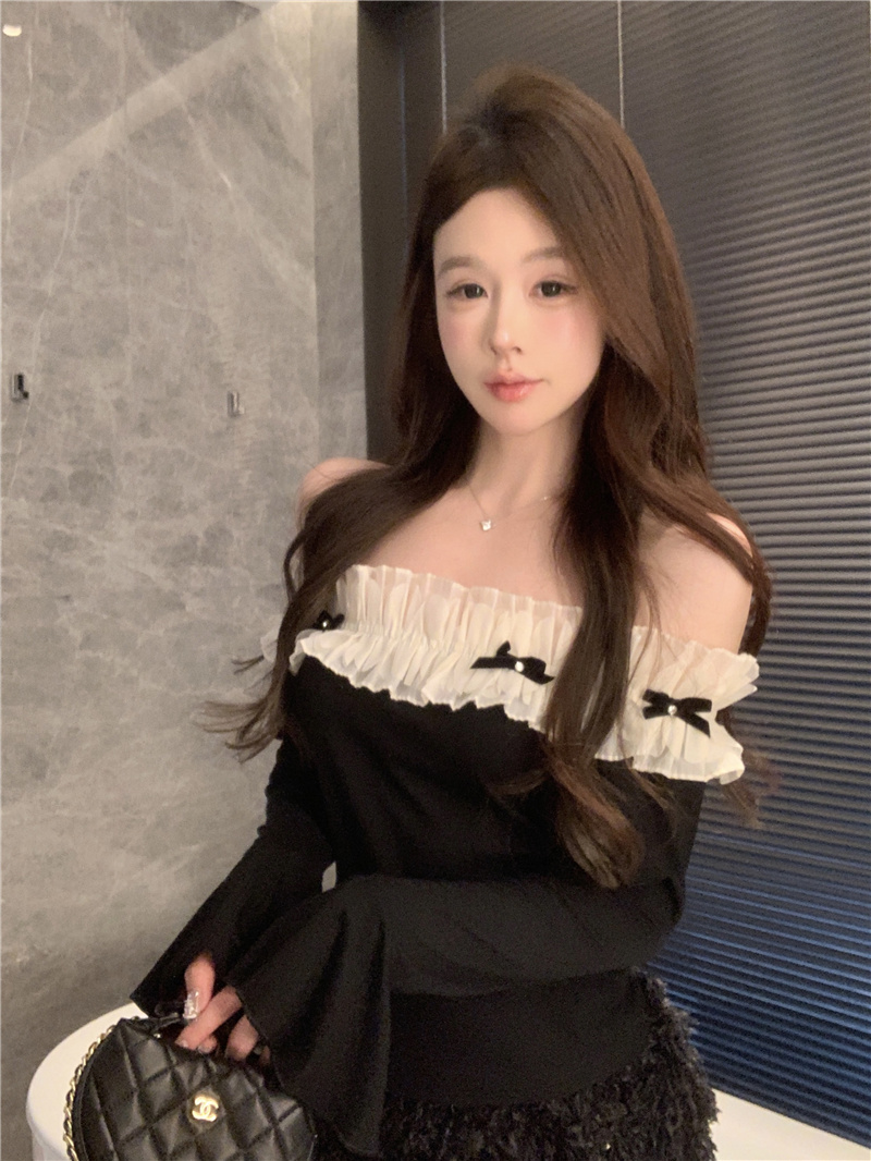 實拍~2025早春新款純欲性感辣妹一字肩露鎖骨氣質花邊打底衫