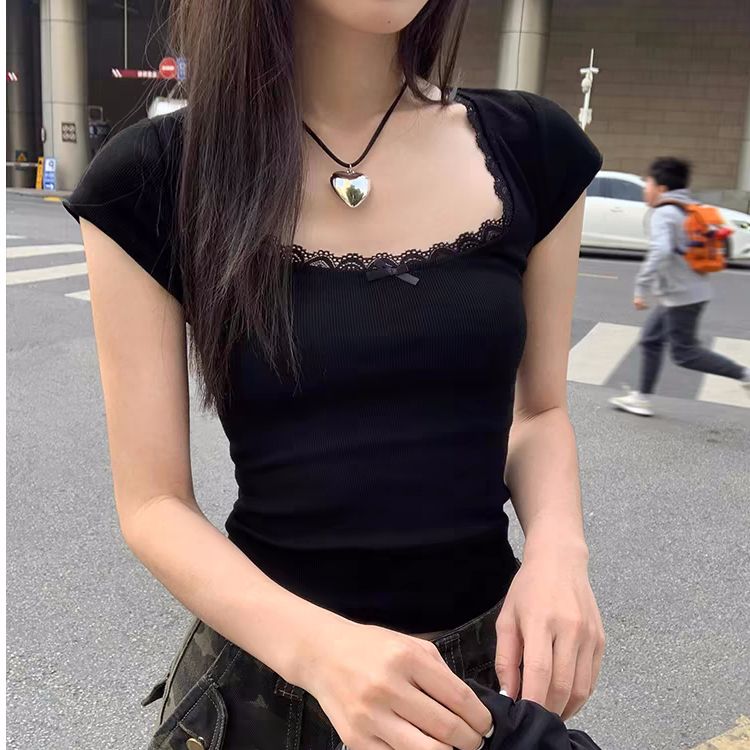 Imitation cotton ribbed black bow lace lace U-neck short-sleeved T-shirt for women in summer shoulders short slim fit