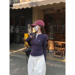 Real shot of spring Korean style, slim and contrasting color fake two-piece nail button design, versatile long-sleeved T-shirt top for women