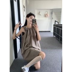 夏季新款學院系帶a字灰色掛脖吊帶裙子小個子無袖背心裙女連衣裙