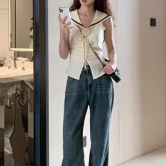 Korean style new slim fit navy collar shoulder pleated vest women's sleeveless waist top ins trendy super