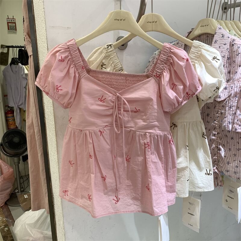 短袖套頭超仙印花小衫方領泡泡袖寬鬆女上衣百搭小清新碎花襯衫
