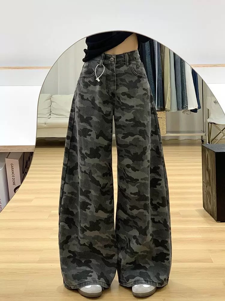 145小個子美式高街工裝闊腿迷彩牛仔褲女高腰寬鬆顯瘦直筒拖地褲