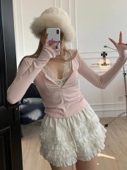 蕾絲拼接假兩件V領長袖T恤秋冬季美式甜辣風設計感洋氣打底衫