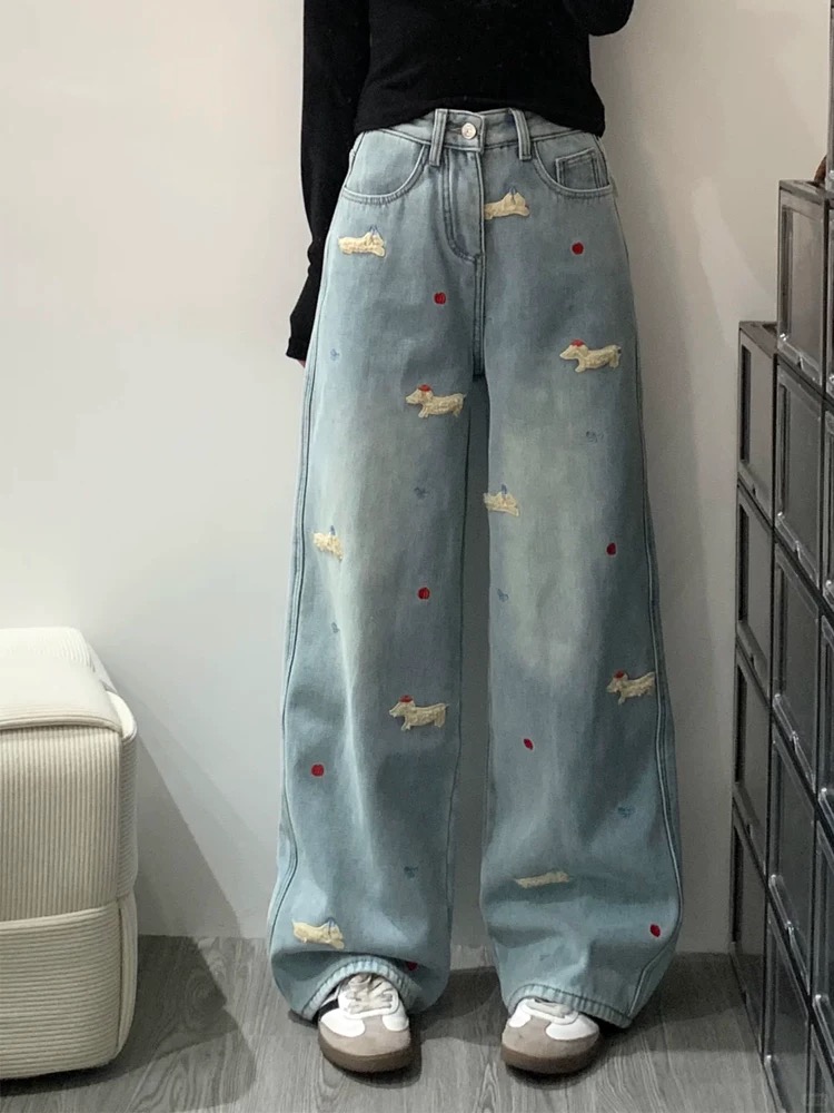 可愛卡通趣味小狗刺繡牛仔褲女春季新款韓版寬鬆直筒闊腿褲