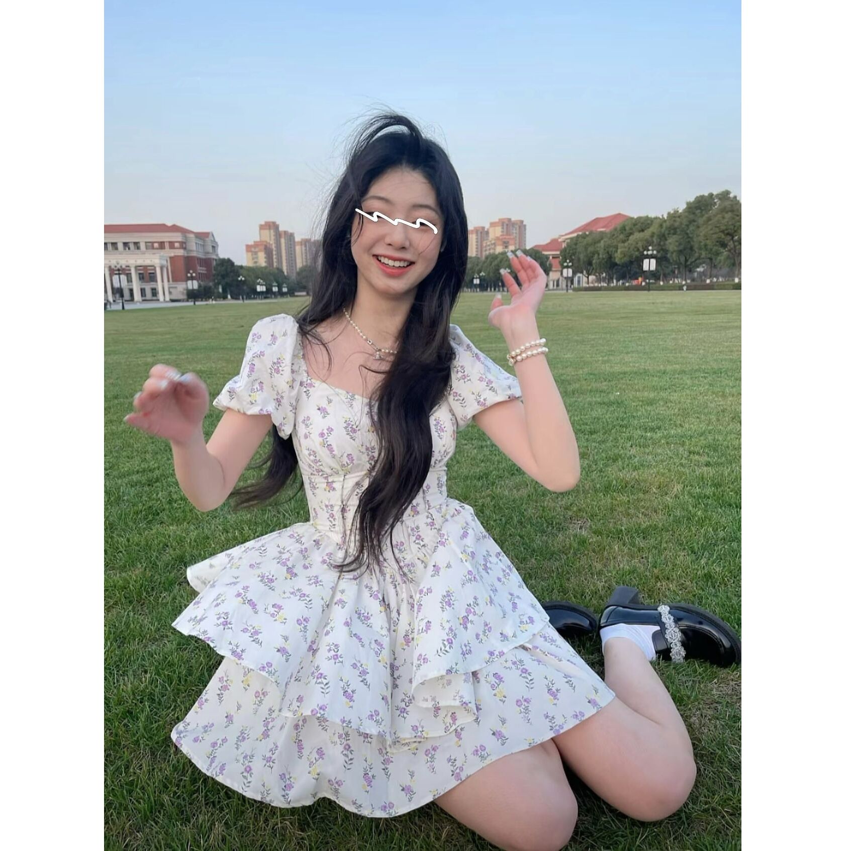 甜美優雅溫柔少女春夏新款碎花收腰一字領泡泡袖蓬蓬公主裙連衣裙