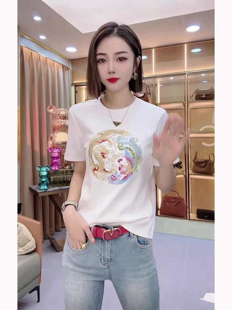 新中式國風復古龍紋刺繡上衣女2025新款百搭顯瘦圓領打底短袖T恤