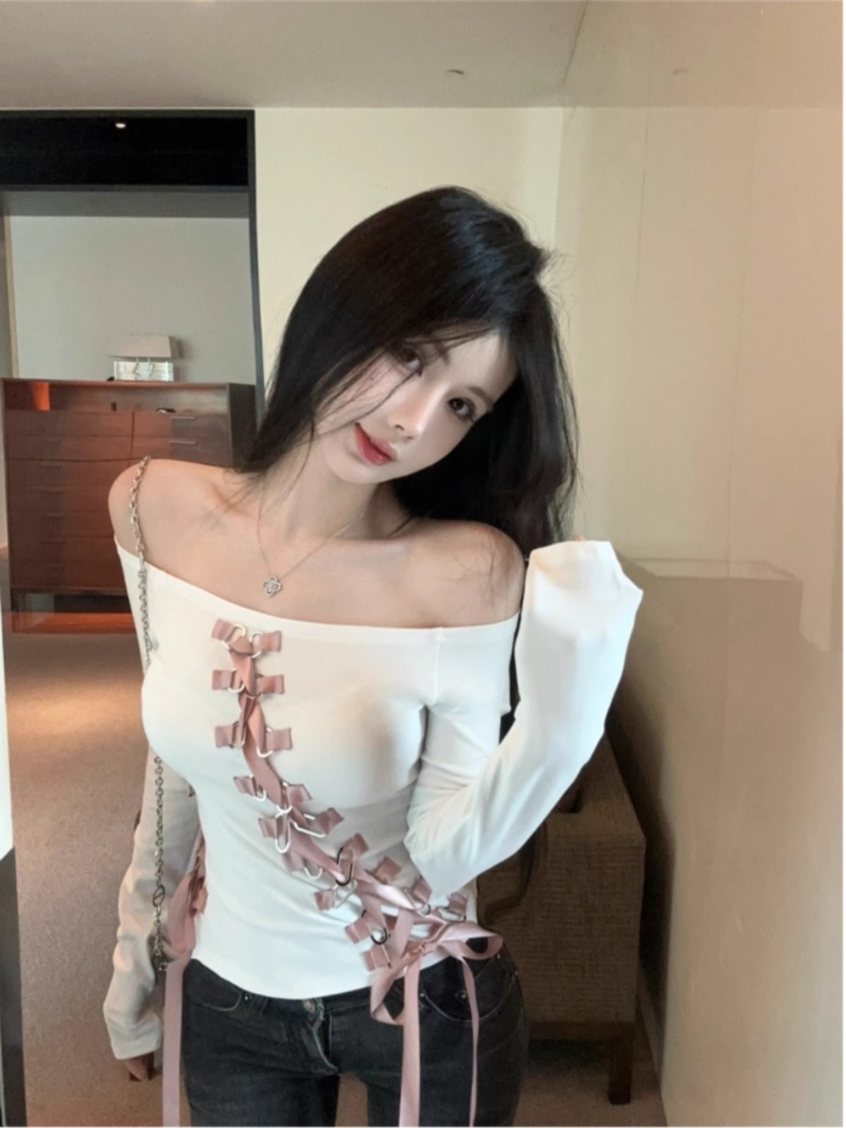 1*1 person cotton 260g white one-shoulder T-shirt for women's straps slim and pure long-sleeved top