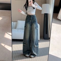 實拍~美式復古闊腿牛仔工裝褲女春季新款高腰寬鬆顯瘦直筒褲