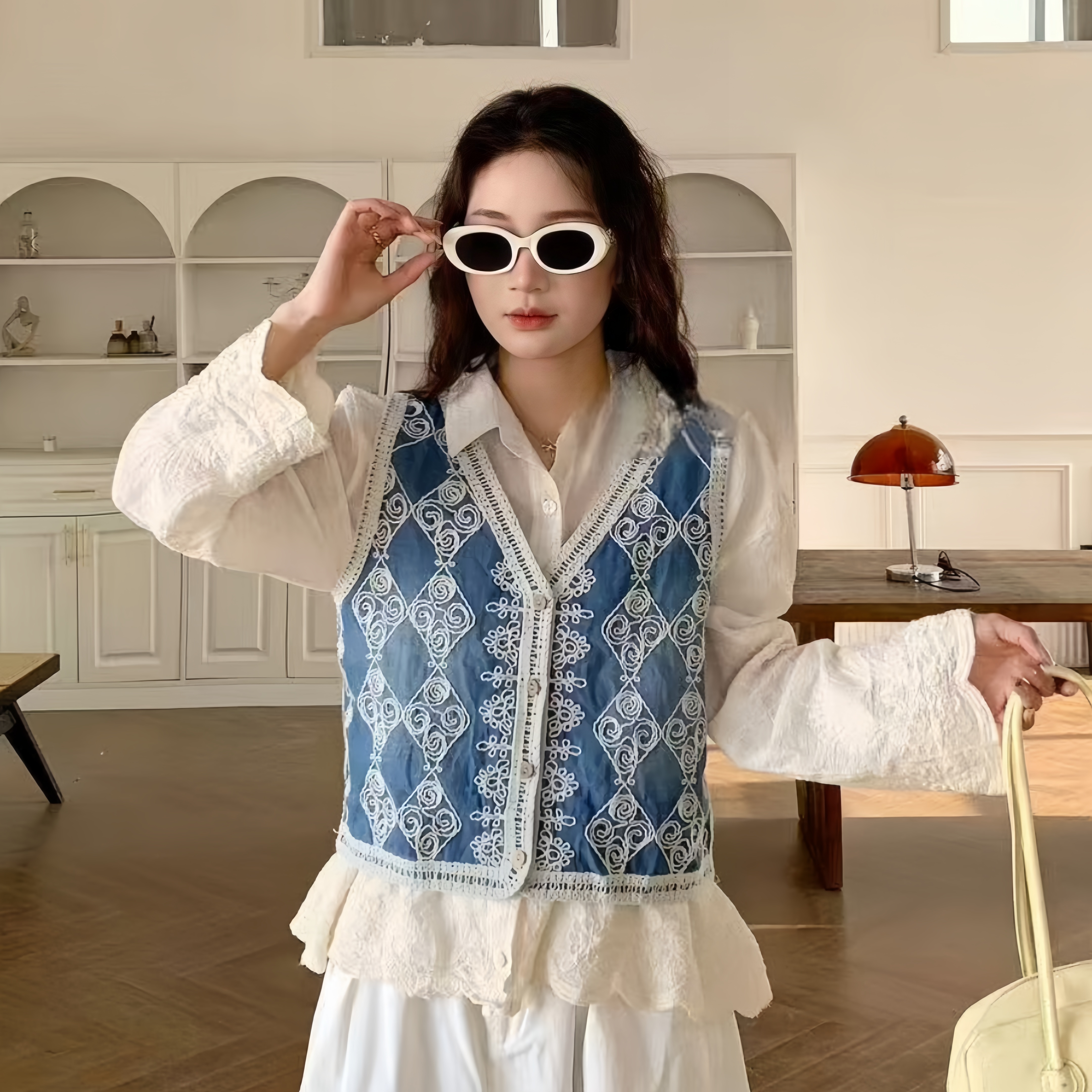 民族風V領鈎花刺繡馬甲2025夏復古流蘇牛仔背心甜美坎肩疊穿上衣