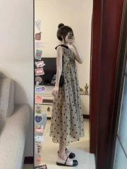 法式韓版氣質復古波點連衣裙夏季度假露肩無袖寬鬆長裙