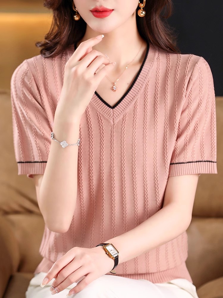 Ice Silk Women's Short Sleeve T-shirt V-neck 2025 Summer New Tennis Loose Slim and Slim Versatile Wave Knitted Top Thin