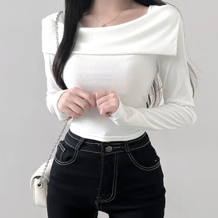 Korean chic spring long-sleeved base shirt slim-fitting collarbone one-neck small trick T-shirt top