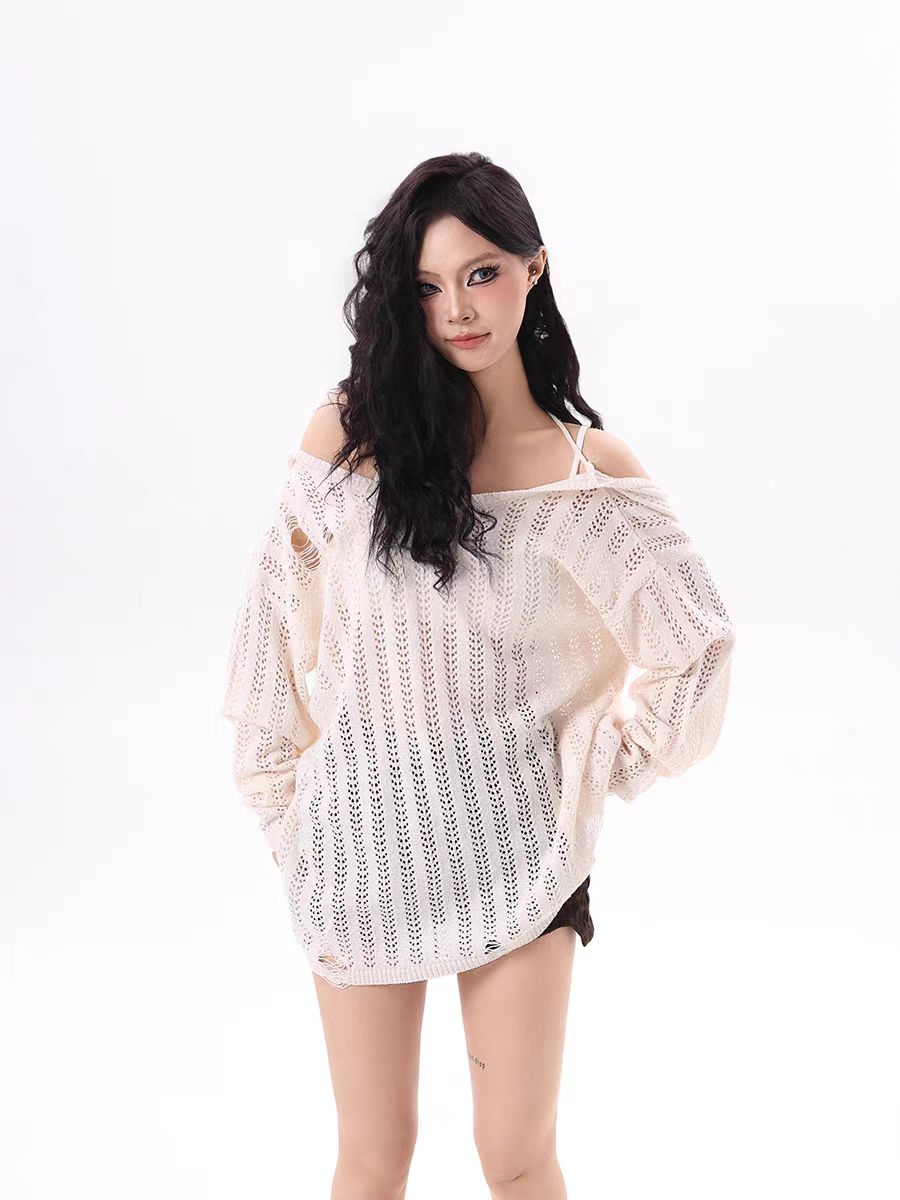 Design-sensual niche hot girl hook-and-hole knitted top for women 2025 summer new sun protection hollow long-sleeved blouse