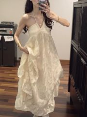 French halter dress for women in summer beach vacation style big backless long skirt super fairy temperament loose a line skirt