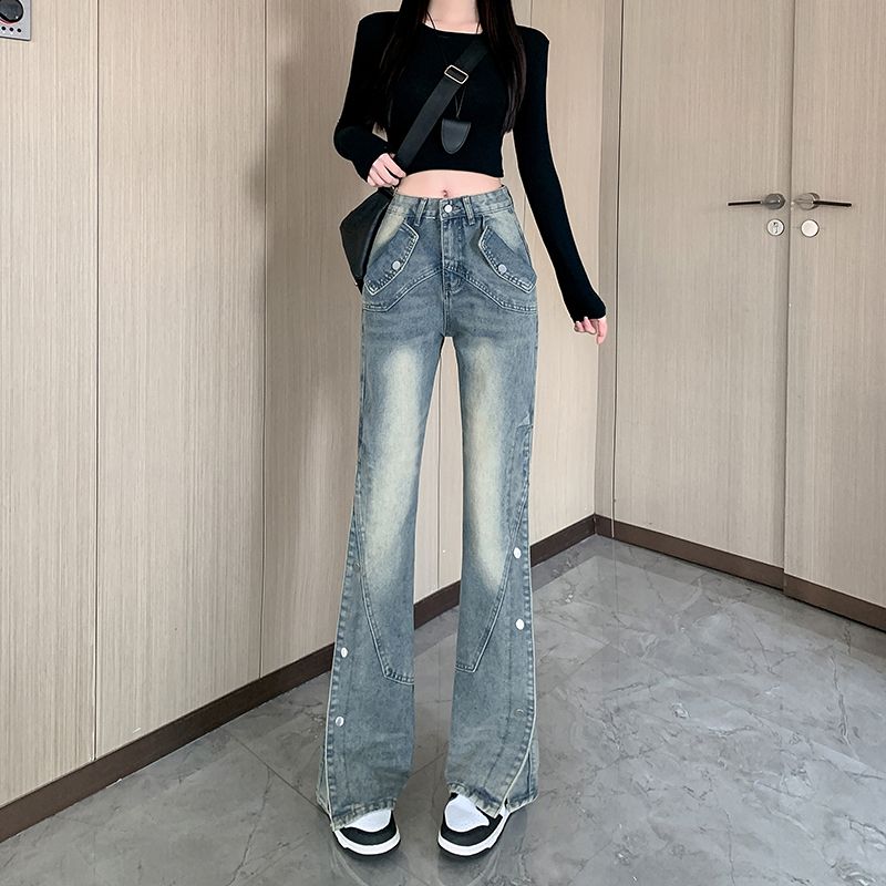 實拍~美式復古微喇叭排扣開叉牛仔褲女設計感高腰顯瘦拖地褲