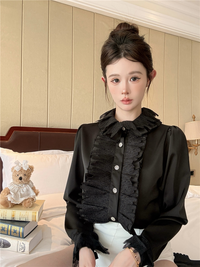 ~Photographed~ French satin stand collar inner white shirt women stylish short sleeve earbud edge long sleeve top