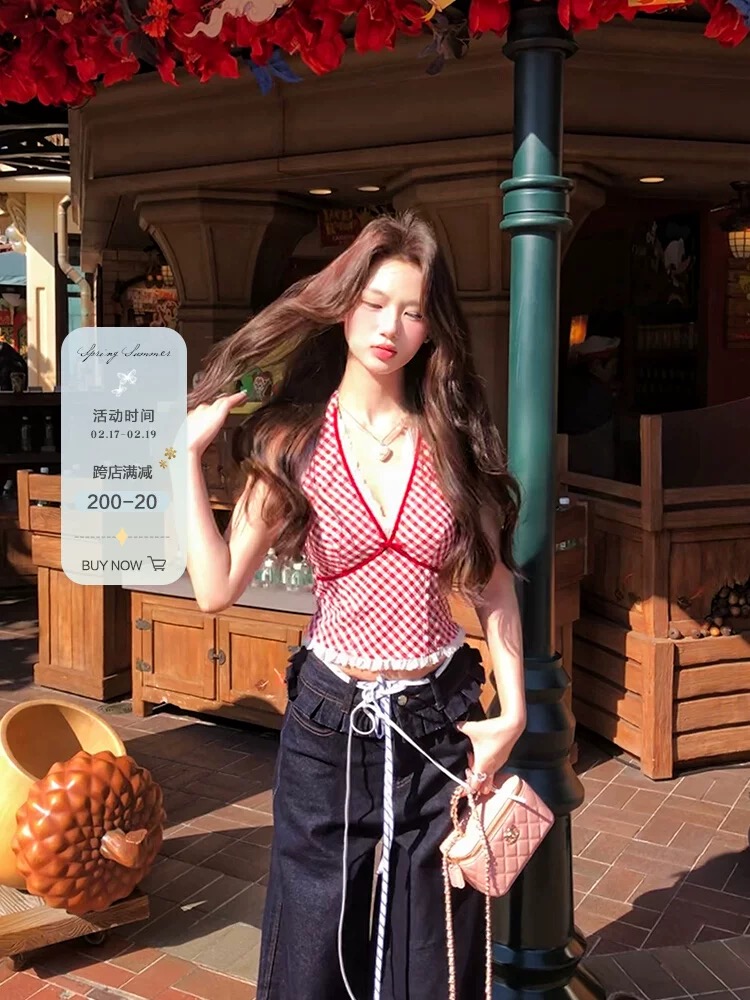 12YE 紅色格子背心吊帶女夏季拼接蕾絲內搭v領性感掛脖辣妹上衣