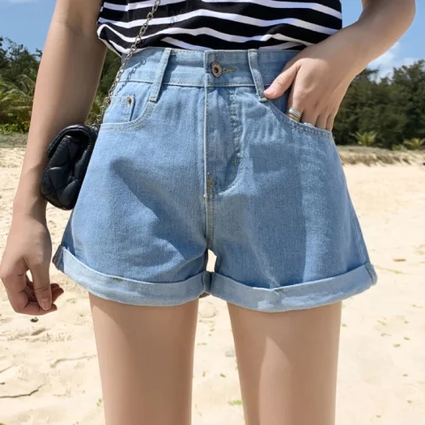 通勤休閒卷邊牛仔短褲女夏季新款2025年a字高腰寬鬆顯瘦闊腿熱褲