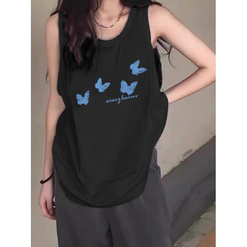 High-quality pure cotton 200g 21 combed tight thread collar method printed loose vest suspender T-shirt for women
