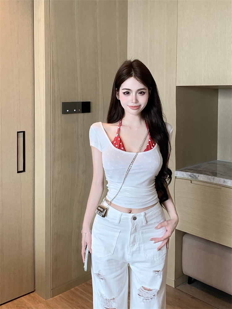 260g modal 1x1 white polka dot BM short-sleeved new layered front shoulder slim short hot girl top