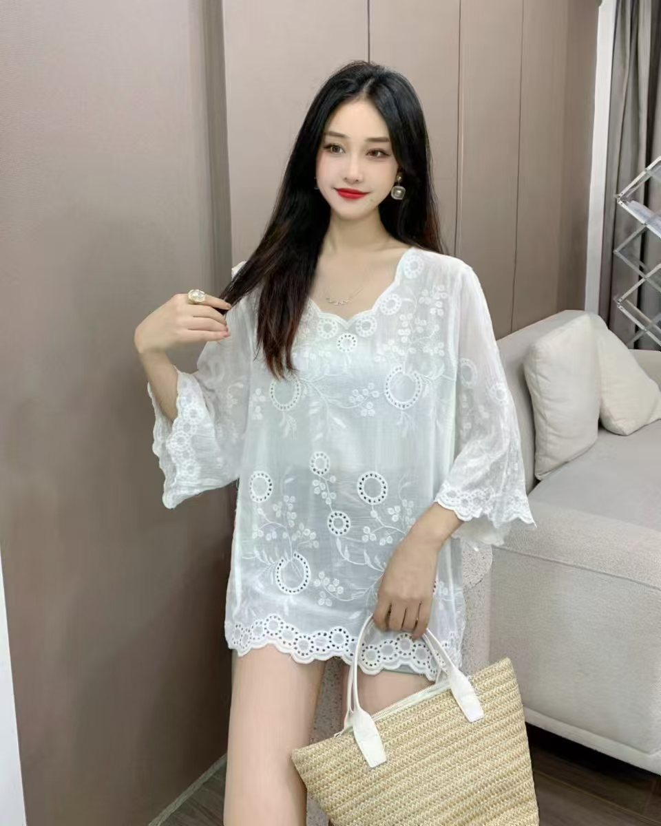 chic溫柔米色仙女娃娃衫夏重工花朵鏤空刺繡波浪花邊套頭短袖上衣
