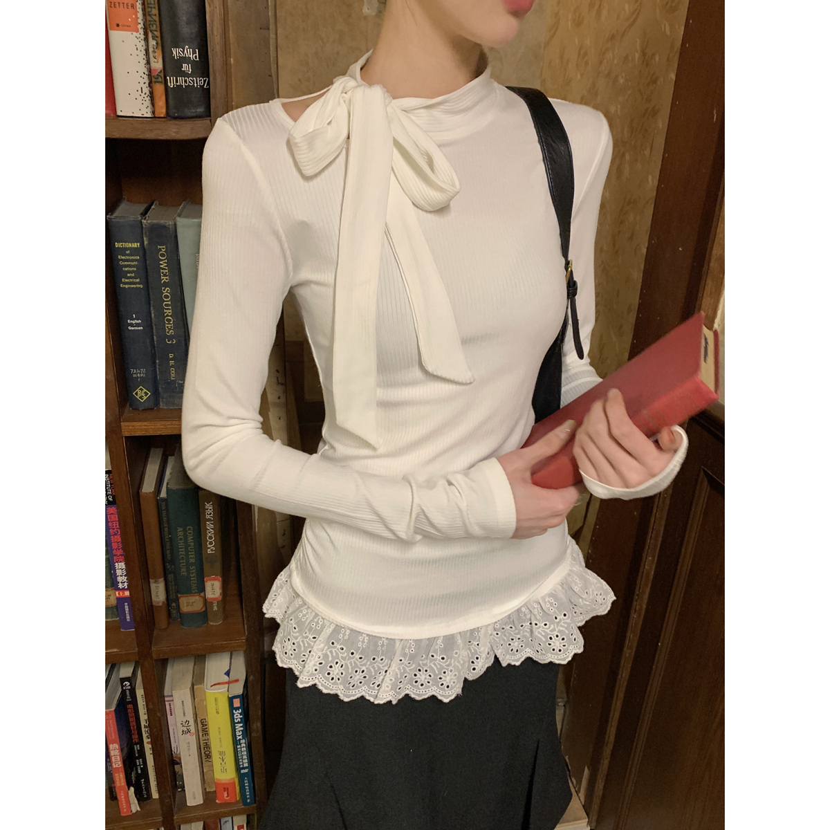Real shot of spring Korean style bow tie hollow splicing skirt design long-sleeved T-shirt top