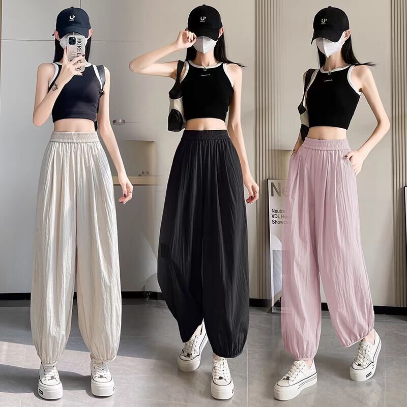 Women's Summer Thin High-Waisted Loose Ankle Hem Leggings with Capri Length Lantern Pants