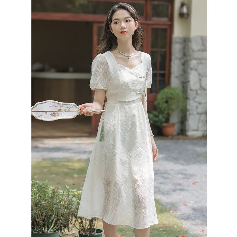 新中式短袖連衣裙女夏2025新款小清新甜美顯瘦小個子法式茶歇長裙